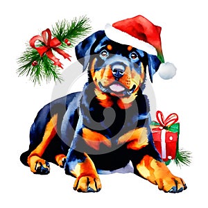 Rottweiler Christmas Santa puppy watercolor