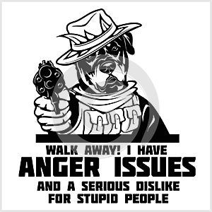 Rottweiler dog with glasses, gun and cigar - Rottweiler security. Head of angry Rottweiler