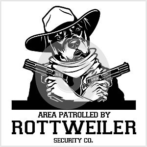 Rottweiler dog with glasses, two pistols and cigar - Rottweiler security. Head of angry Rottweiler