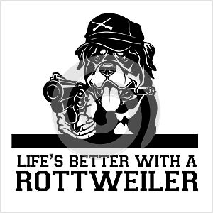 Rottweiler dog with a gun and cigar - Rottweiler gangster. Head of angry Rottweiler