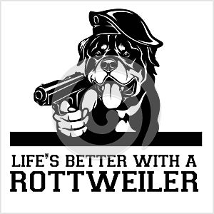 Rottweiler dog with a gun - Rottweiler gangster. Head of angry Rottweiler