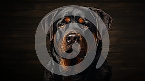 Rottweiler dog portrait close up. Rottweiler dog. Horizontal banner poster background. Copy space. Photo texture AI generated