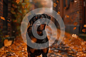 Rottweiler dog standing amidst falling autumn leaves., Generated AI