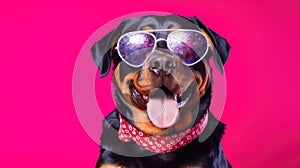 Rottweiler Dog With Sunglasses Color Background. Generative AI