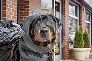 rottweiler with a heavyduty bag, waiting outside a grocery store