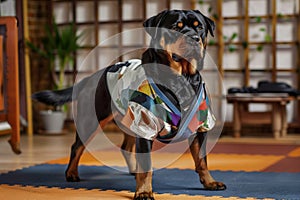 rottweiler in a martial arts gi and a color belt standing on a mat