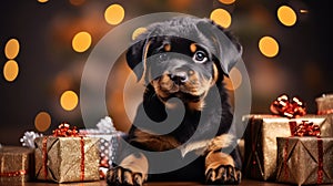 Rottweiler small dog in Santa Claus hat. Rottweiler. Christmas holidays with dogs banner poster. AI generated