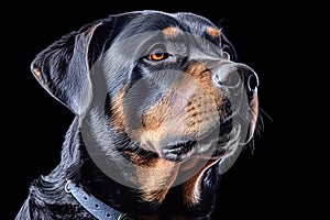 Rottweiler in studio setting against black backdrop,