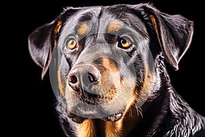 Rottweiler in studio setting against black backdrop,
