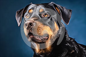 Rottweiler in studio setting against black backdrop,