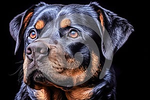Rottweiler in studio setting against black backdrop,