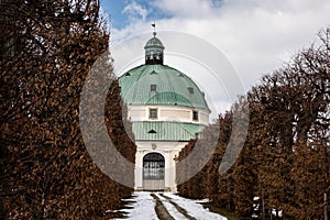 Rotunda in flower gardens Kvetna Zahrada in Kromeriz, Czech Republic in winter