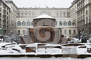 Rotunda Sveti Georgi or St George covered with snow in Sofia, Bulgaria