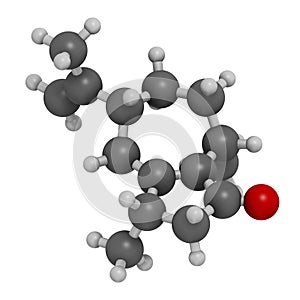 Rotundone peppery taste molecule. 3D rendering. Atoms are represented as spheres with conventional color coding: hydrogen white