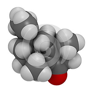 Rotundone peppery taste molecule. 3D rendering. Atoms are represented as spheres with conventional color coding: hydrogen white