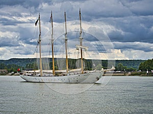 Sailing ship Santa Maria Manuela, Portuguese white fleet Lugger on the Seine river for Armada exhibition in France