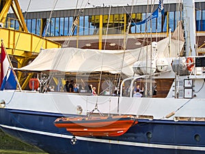 Sailing ship Santa Maria Manuela, Portuguese white fleet Lugger on the Seine river for Armada exhibition in France