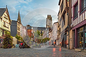 Rouen, France. Place du Lieutenant-Aubert with famos old normandy buildings