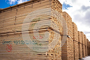 Rough 2x4 spruce and pine SPF lumber piled at a sawmill