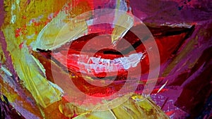 Rough abstract image of female lips. Multi-colored brush strokes on canvas.