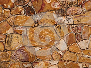 Rough brick wall of earth and stone colored boulder