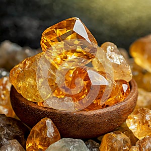 Rough citrine crystal stones in a wooden bowl, on a layer of citrine stones, close-up image