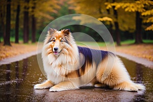 Rough Collie dog. Portrait of a beautiful Rough Collie dog playing in the park. Generative AI photo