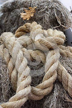 Rough Cord made from natural plant on the background of fiber. Rope detail, closeup. Vertical. Vintage. Copy space