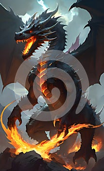 rough giant dragon with his fire flairs ai generated