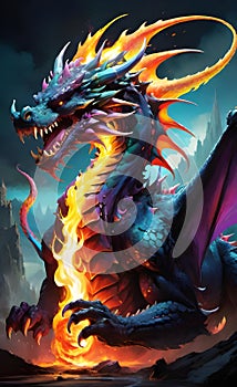 rough giant dragon with his fire flairs ai generated