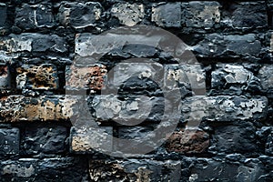 Rough grunge black brick wall texture background. Old dark stone, brickwork