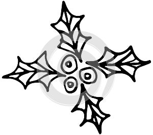 Rough hand-drawn simple outline black and white icon of holly leaves and berries