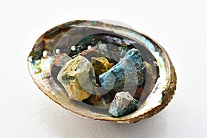 Rough Healing Crystals and Abalone Seashell