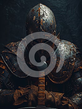 a rough medieval knight in the dark background photo