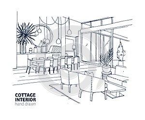 Rough monochrome drawing of house or summer cottage interior with stylish furniture and home decorations. Dining and