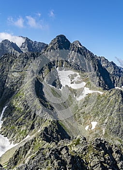 Rough mountain landscape. View of a fragment of the Main Ridge of the Tatra Mountains. Among the visible peaks among others Kolowy