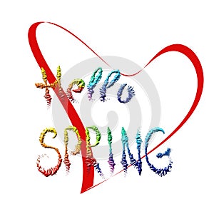 Rough multi-colored inscription `Hello SPRING` and a red heart. Isolated raster element on a white background.
