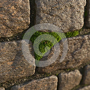 Rough, rectangular stones are arranged in a wall pattern with a patch of vibrant green
