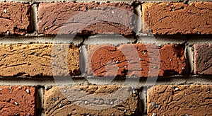 Rough, red and brown clay bricks arranged in a horizontal pattern create a textured
