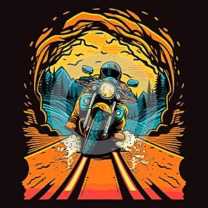 Rough ride on a motorcycle. Road pirate. Silhouette of mountains in the background. cartoon vector illustration, label, sticker, t