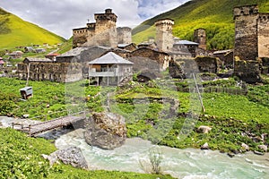 Rough river in village Ushguli in Upper Svaneti, Georgia