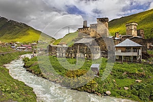 Rough river in village Ushguli in Upper Svaneti, Georgia