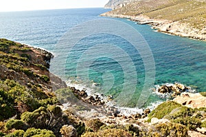 rough and rocky shore line of kalymnos Island Greece