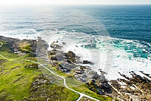 Rough and rocky shore at Malin Head, Ireland\'s northernmost point, Wild Atlantic Way, spectacular coastal route. Numerous
