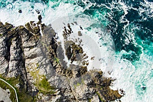 Rough and rocky shore at Malin Head, Ireland\'s northernmost point, Wild Atlantic Way, spectacular coastal route. Numerous