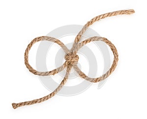 Rough rope bow knot, isolated on white background, close up, top view