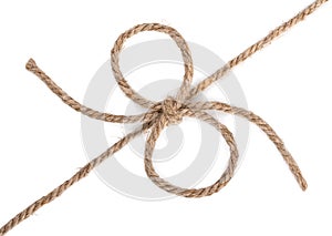 Rough rope and a bow knot, isolated on white background, close up, top view