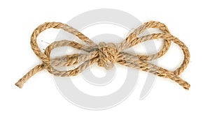 Rough rope bow knot, isolated on white background, close up, top view