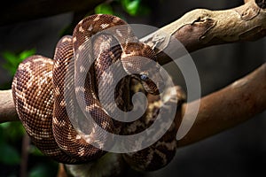 Rough-scaled python, Morelia carinata, snake in the forest habitat. Australia. Python sitting on the branch, wildlife nature.