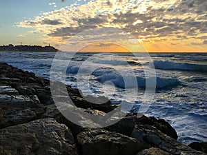 Rough sea at sunset